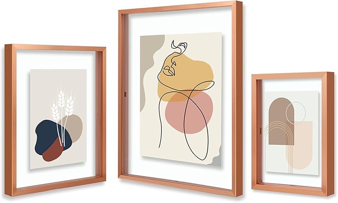 Golden State Art, 7 Pack Floating Frames for One 11x14, Two 8x10, and Four 5x7 Pictures. Aluminum Photos Frame for Wall Display (Rose Gold)
