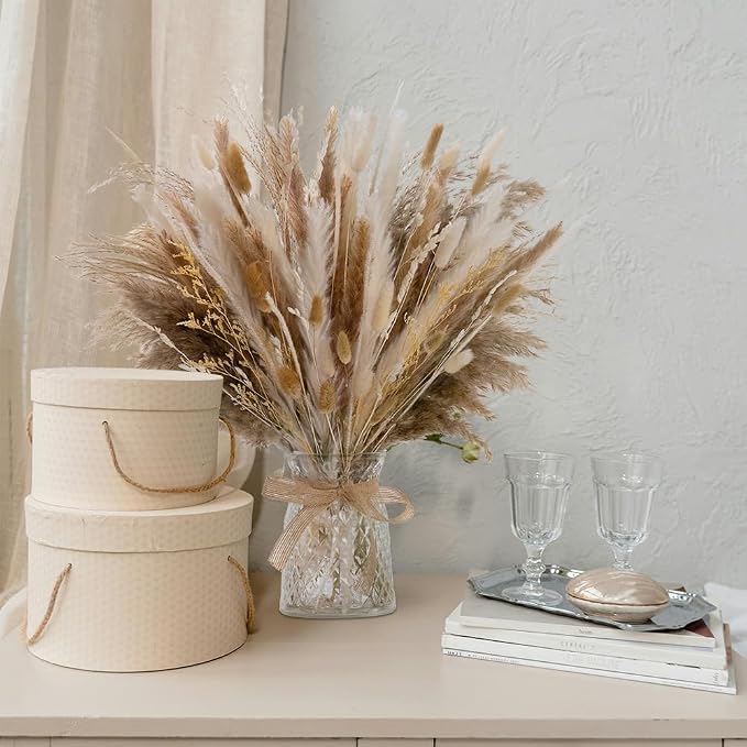 106pcs Artificial Flowers in Vase Natural Dried Pampas Grass Decor with Vase Boho Home Decor Bouquet Bunny Tails Dried Flowers, Reed Grass Bouquet for Wedding Floral Arrangements (106pcs)