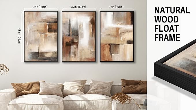 ASDCEUTICALS Large Canvas Wall Art - Brown and Beige Abstract Pictures for Living Room Vintage Wall Decor Retro Rustic Paintings Black Float Framed for Bedroom Dinning Room 32" X 48" X 3 pcs