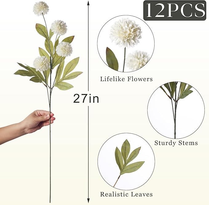 VIERENA 12 Pcs Faux Silk Pompon Mum Artificial Flowers for Vase -27", Bulk Fake Chrysanth Branches with Stems for DIY Bouquet Centerpieces Wedding Fillers Arrangements Shower Decorations (Cream)