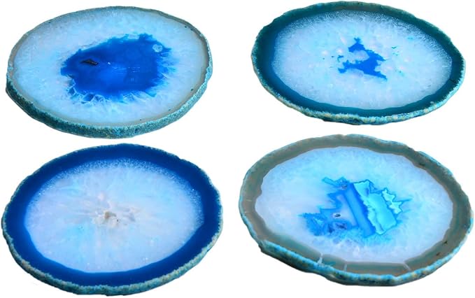 AMOYSTONE 4pcs Agate Gemstone Coasters Cup Holders Drinks Stone Mat Light Blue 4-5" with Rubber Bumper