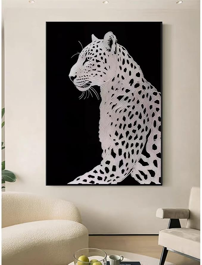 YaSheng Art : Hand Painted Oil Painting,Canvas Wall Art, Modern Black and White Leopard Wall Art Canvas, Large Contemporary Wildlife Home Decor Wall Art for Living Room, 24x36 inches