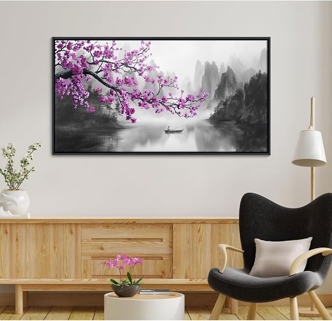 YDYSUNE Large Framed Purple Plum Blossom Wall Art, Black White Landscape Full Moon Floral Canvas Decor for Bedroom Living Room Office, 20"×40"