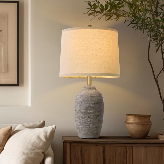 USumkky 24.5" Handcrafted Ceramic Table Lamp with 5FT Cord, Single Farmhouse Vintage Rustic Bedside Lighting for Living Room Bedroom Entryway Linen Shade Nightstand End Table Decor (Bulb Not Included)