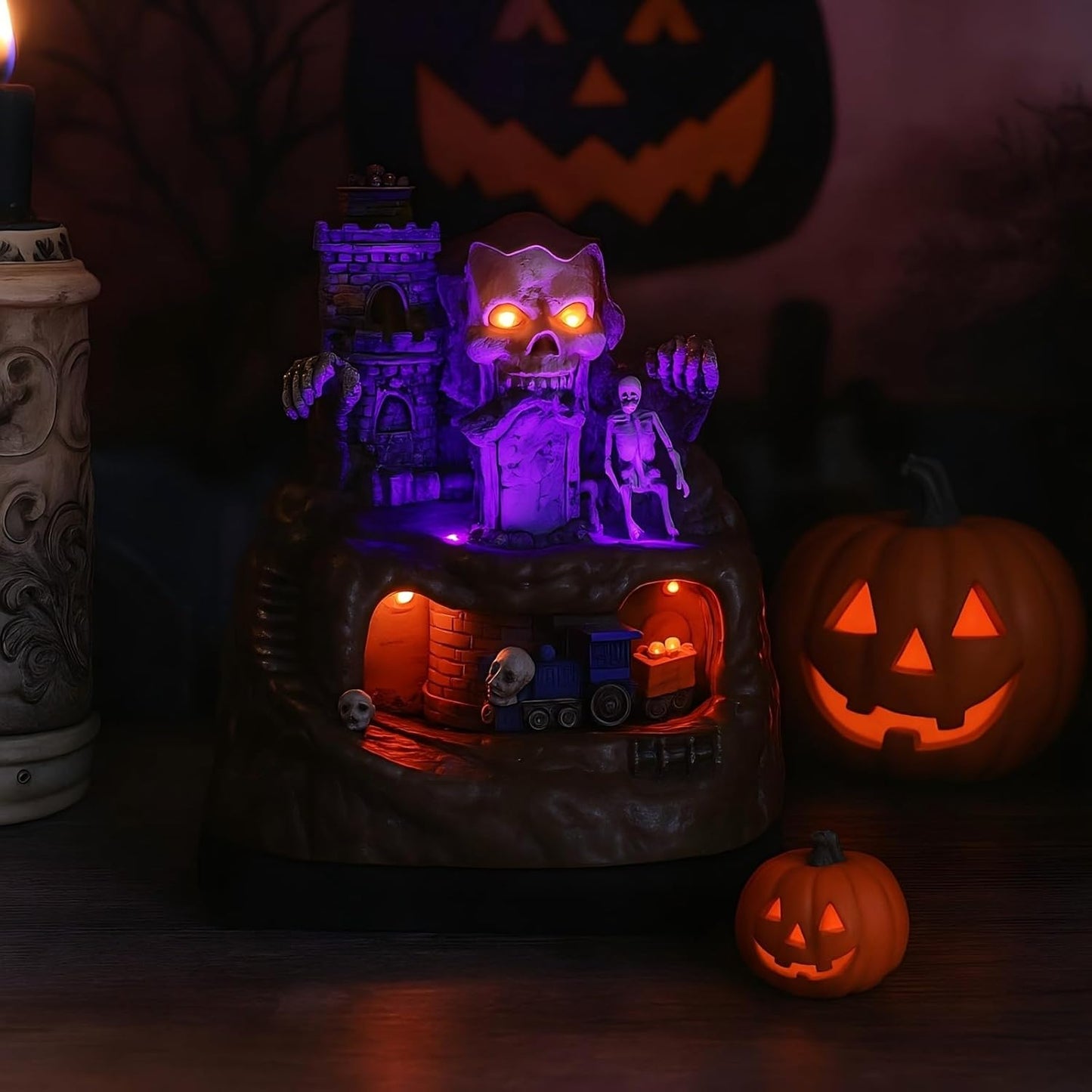 Bdor Halloween Tabletop Decoration with LED Lights and Moving Train – Spooky Skeleton Castle Animated Halloween Ornament, Skull Graveyard Scene, Light Up Haunted House Decor for Indoor Party Display