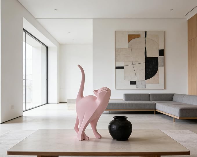 Pink Cat Statue Modern Abstract, Home Office Shelf Decor, 7-Inch Vibrant Assorted Colors, Easy to Match Any Decor Style
