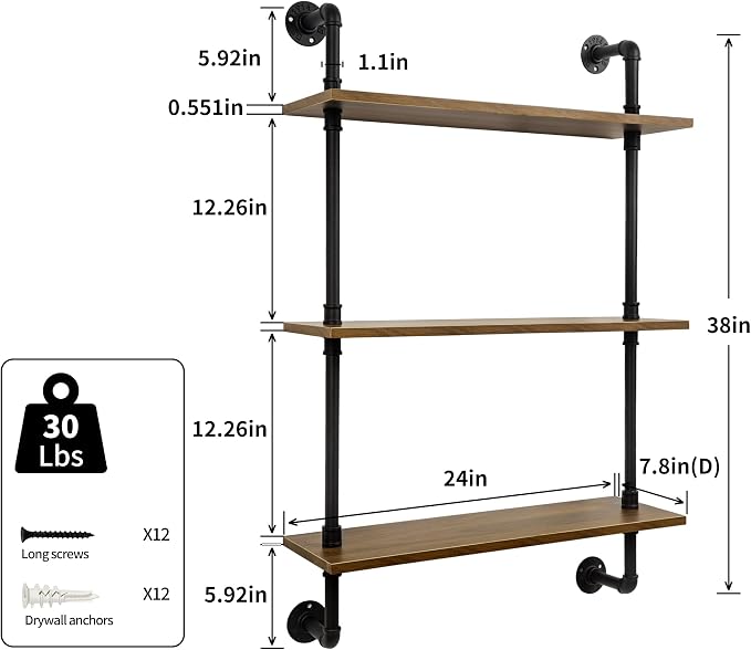 3-Tier Industrial Pipe Floating Shelf – Rustic 24 inch Wood Wall-Mounted Storage Shelf for Kitchen Office,Bathroom & Home Decor -Walnut