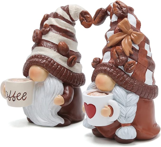 Hodao Gnome Decor Set of 2 Resin Coffee Lover Gifts with Mug, Cute Tiered Tray Figurines for Kitchen Shelf, Farmhouse Countertop, Desktop Accent, Spring Home Display