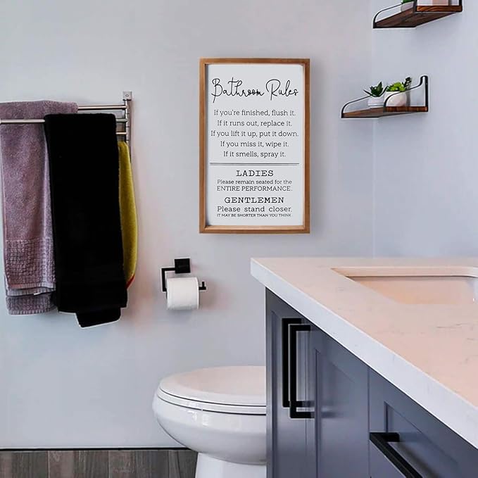 VILIGHT Bathroom Rules Sign House Warming Gifts for New Home - Farmhouse Toilet Decorations Restroom Wall Decor - Vertical 16x9.5 Inches