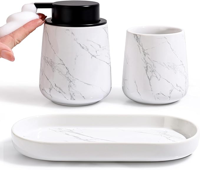 BosilunLife Ceramic Bathroom Accessories Set 3 Pcs, Foaming Soap Dispenser and Toothbrush Holder with Tray, Modern Farmhouse Vanity Decor, Narble Pattern Housewarming Gift