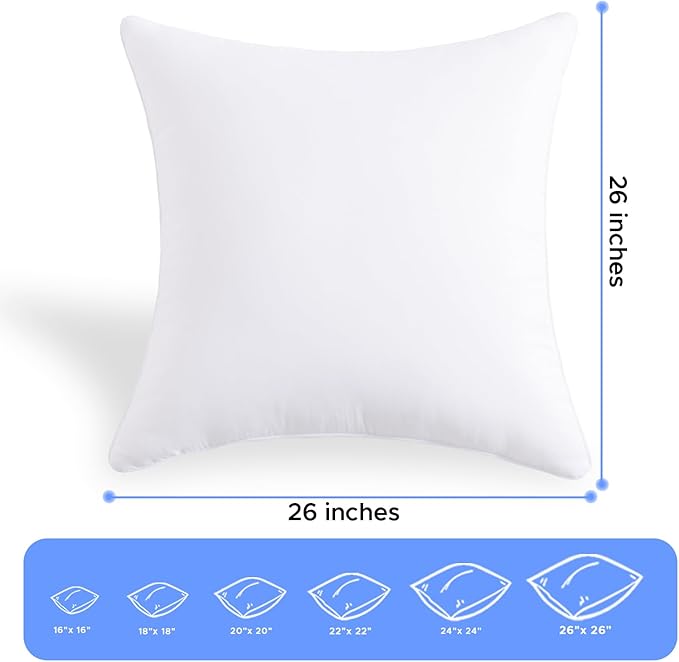 26x26 Outdoor Pillow Inserts Set of 2 Waterproof Hypoallergenic Oversized Throw Cushion Fillers – Square Polyester White Decorative Pillows for Couch Bed Sofa Patio Furniture – Soft & Firm Support