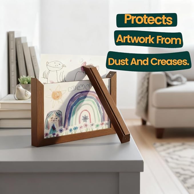 Magnetic Kids Art Frame 8.5x11 – Lift-Top Real Wood Artwork Display & Storage – Strap-Free Changeable Frame Holds 250 Drawings – Freestanding or Wall Mounted - Brown