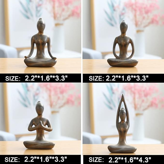OwMell Lot of 4 Meditation Yoga Pose Statue Figurine Ceramic Yoga Figure Set Decor - Patina Gold