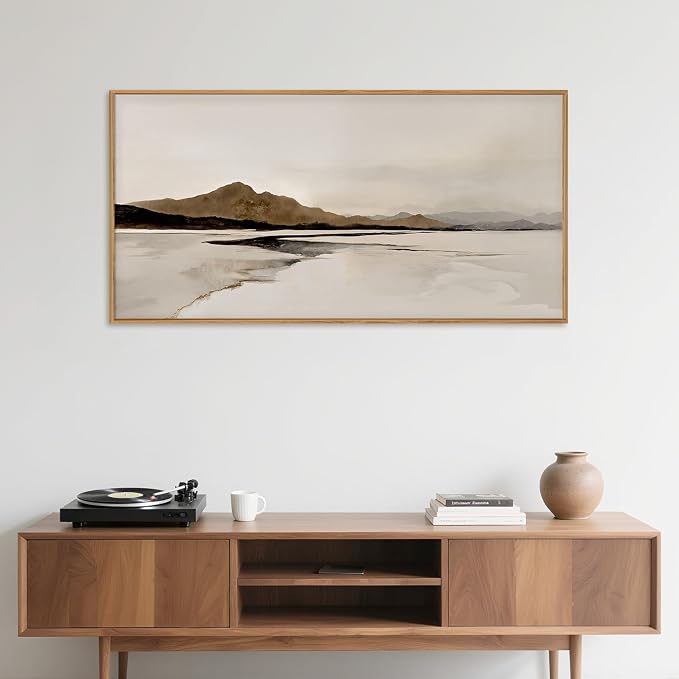 Netural Abstract Mountain Framed Canvas Wall Art Set, Nature Misty Lake Wall Decor,Modern Beige Grey Wall Painting, Minimalist Landscape Art Prints for Living Room,Bedroom,Office - 20"X40"X1