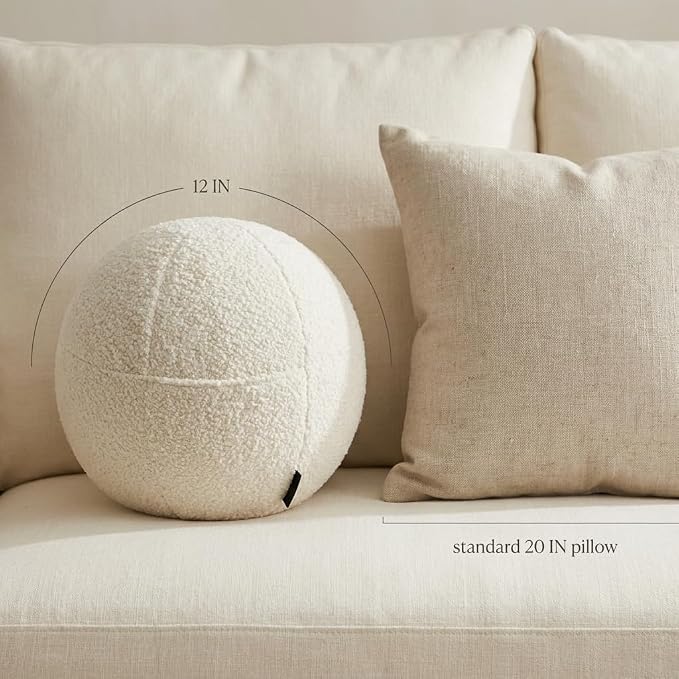 Orb Bouclé Sphere Pillow, 12 Inch Ergonomic Back & Arm Support, 600 GSM Textured Décor Throw Pillow with Hidden Pocket, White
