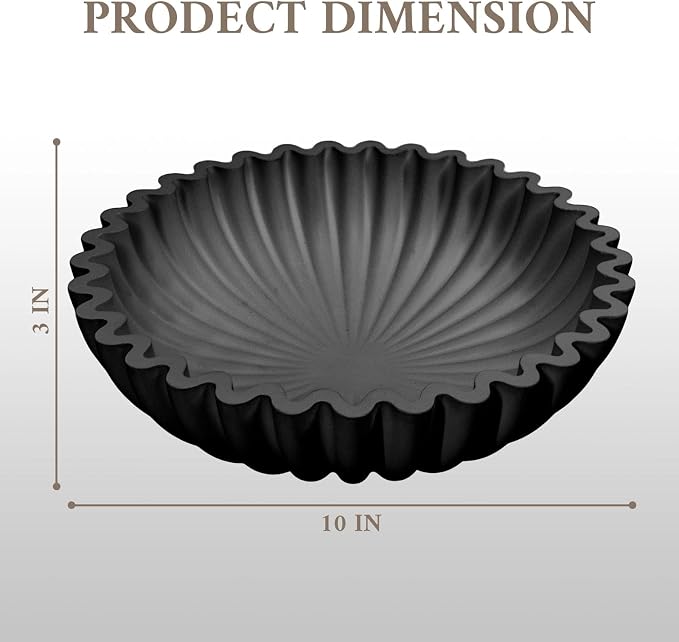 MAONAME Concrete Decorative Bowl, Black Fruit Bowl for Kitchen Counter, Modern Handicraft Coffee Table Key Bowls, Large Scalloped Ruffle Bowls for Entryway, Home Decor