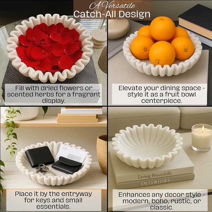 SWADESHI BLESSINGS HandCrafted Marble Ruffle Bowl/Antique Scallop Bowl/Fruit Bowl/Vintage Ring Dish/Decorative Flower Dish/HouseWarming Gift/Wedding Gifts/Urli (10 Inches)