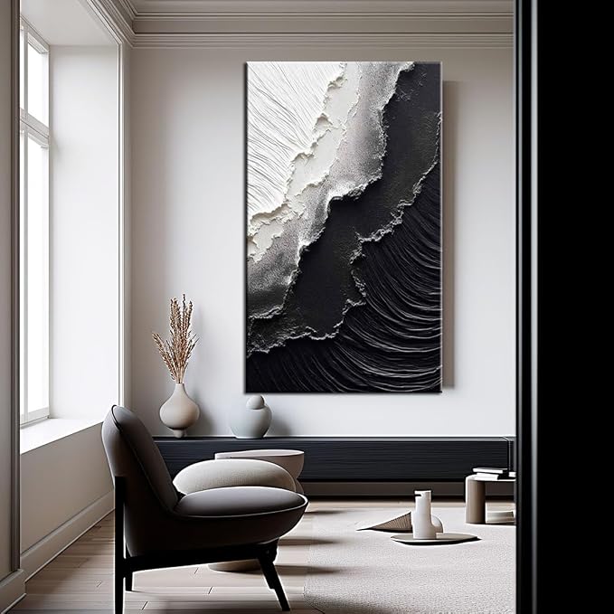 YaSheng Art - Vertical Wall Art Texture Abstract Oil Painting ,Hand Painted sea wave Black and White Wall Art Minimalist modern Art Paintings,, Home Living room Room Dining Room Bedroom Wall Decorative Art Oil Painting 30x60inch