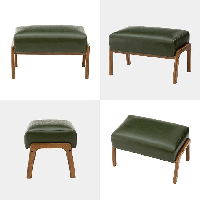 Glitzhome Foot Stool Ottoman, Modern Leatherette Sofa Stool Vanity Chair with Rubber Wood Frame, Footrest Ottoman Bench for Living Room, Entryway, Hunter Green
