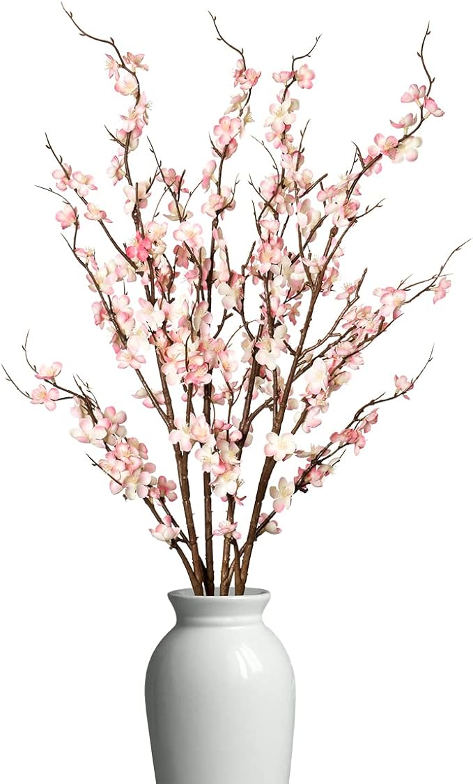Ammyoo 4Pcs Cherry Blossom Branches Artificial Flowers for Spring Summer Indoor Decoration,Faux Long Stem Artificial Flowers for Wedding Home Office Bedroom Party Table Centerpieces Decor (Pink)