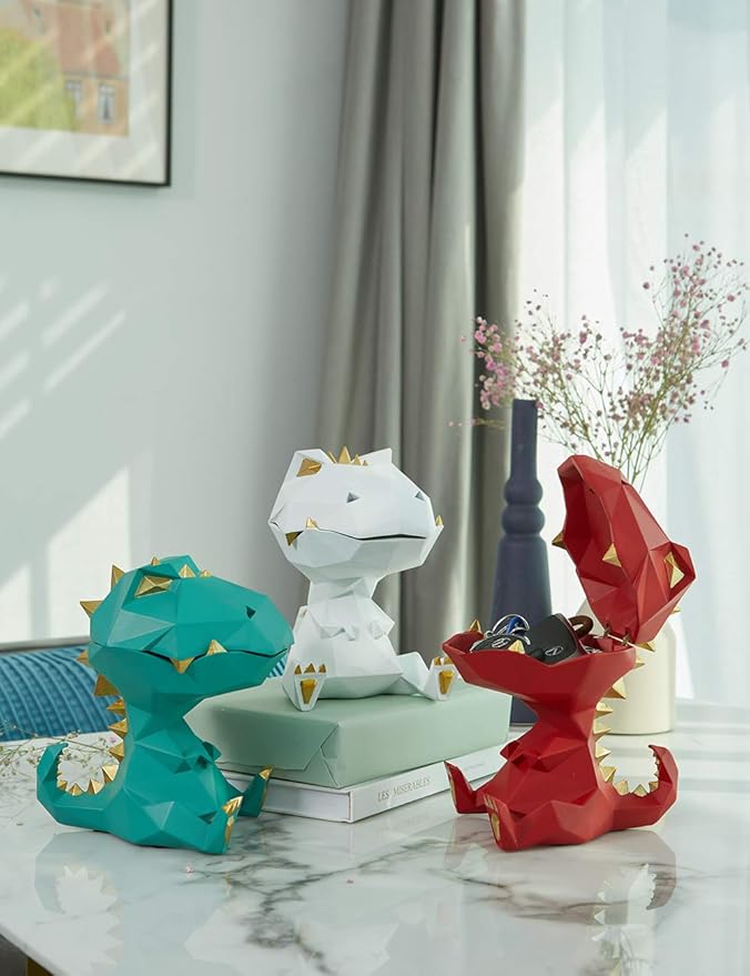 HAUCOZE Dinosaur Candy Dish Cookie Jar Storage Statue Modern Home Decor Sculpture Table Centerpiece Gift for Living Room White 7.5 Inch