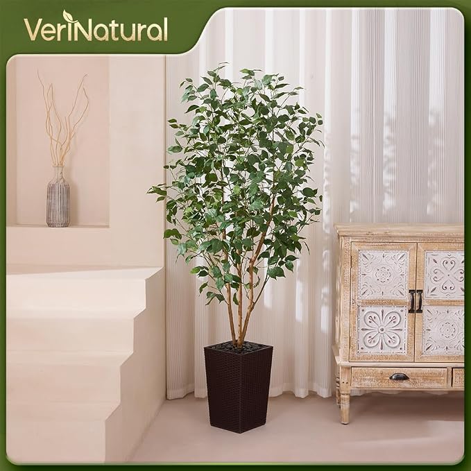 VeriNatural 6ft Artificial Ficus Tree,Tall Faux Tree with Silk Leaves & Real Wood Trunk,UV Resistant Potted Fake Plant with Pebbles & Planter-Indoor Outdoor Floor Plant for Home Living Room,VN129