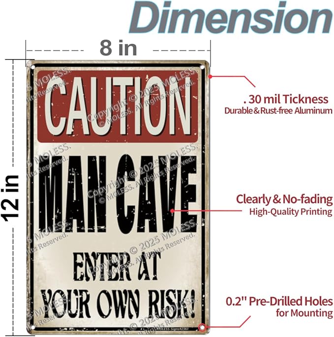 Vintage Man Cave Decor Signs – ENTER AT YOUR OWN RISK | 12x8″ Metal Sign for Man Cave, Garage, or Workshop Wall Decor – Man Cave Accessories & Gifts for Men, 2361