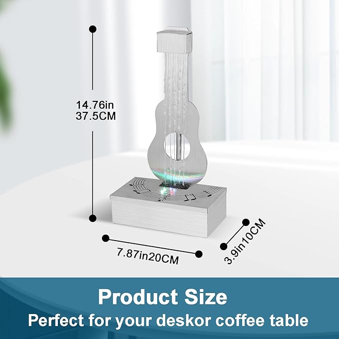 Pamopamo Indoor Tabletop Fountain with 3-Color LED Lights, 304 Stainless Steel Guitar-Shaped Desktop Meditation Waterfall for Home & Office Décor, Relaxing Water Feature Air-Purifying Gift