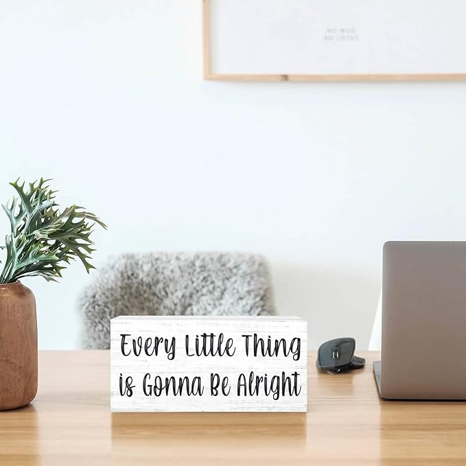 Esur Every Little Thing is Gonna Be Alright Wooden Box Sign - Inspirational Farmhouse Birds Home Desk Shelf Tabletop Wall Decor(White)