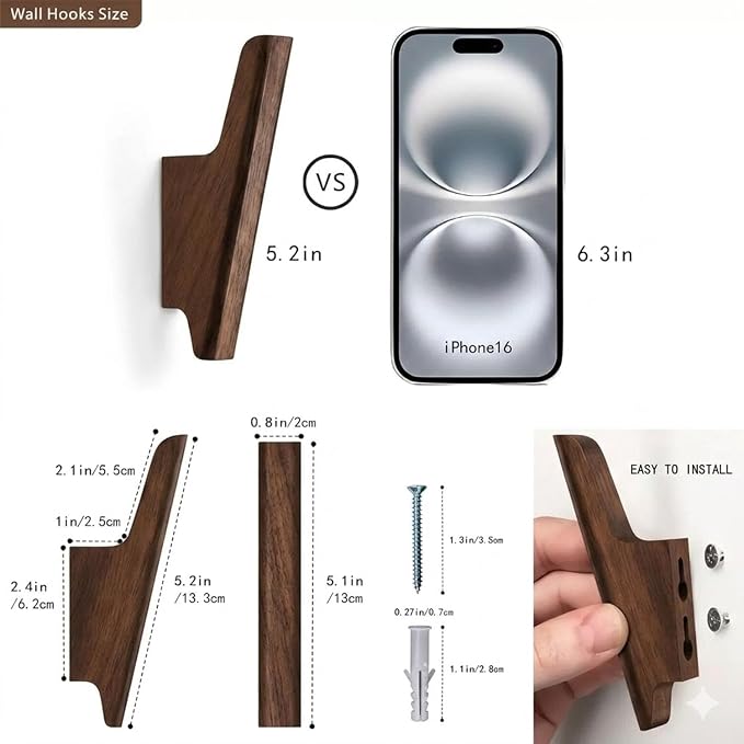 Wood Wall Hooks 4 Pack - Walnut-Toned Wall Mounted Coat & Towel Hooks | Entryway hallway bedroom bathroom, hat key towel hanger, single-screw install, wood-grain finish, space-saving organizer