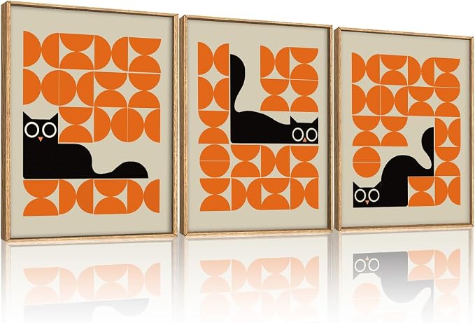HOURIA Geometric Black Cat Framed Canvas Wall Art Set,Abstract Orange & Cream Wall Decor,Round Eyes Playful Kitten Wall Painting,Modern Animal Prints for Nursery,Living Room,Office - 12"x16"x3