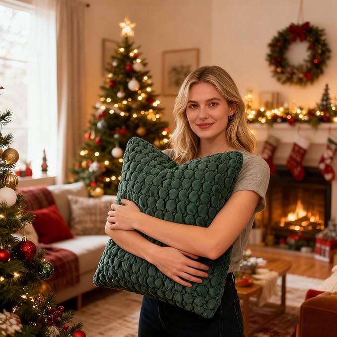Christmas Pillow Cover 24x24 1 Piece Velvet Euro Sham Decorative Farmhouse Pillowcase Boho Square Cushion Covers Soft Bubble Texture for Couch Sofa Bed Bedroom Car Living Room,Green