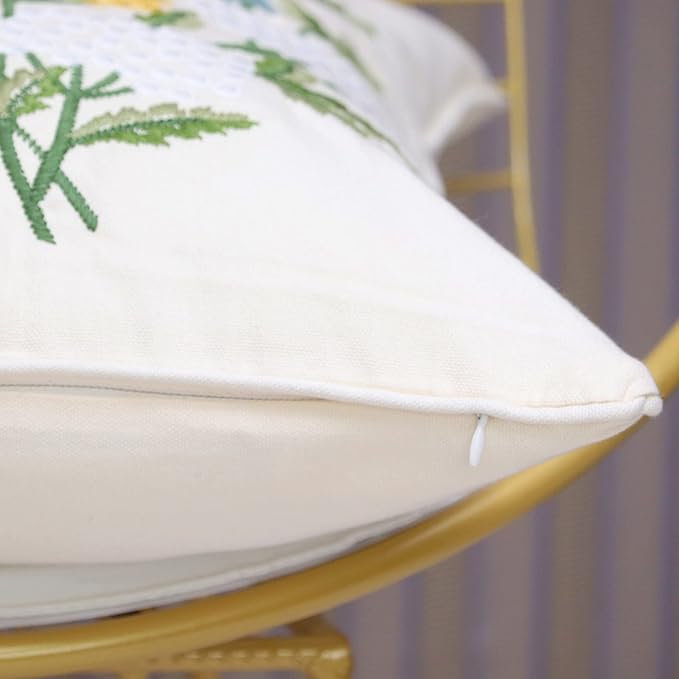 Set of 2 Embroidered Decorative Throw Pillow Covers Couch Square Pillowcases Cushion for Bedroom Sofa Farmhouse Decor 18x18 Inch (Daisy)