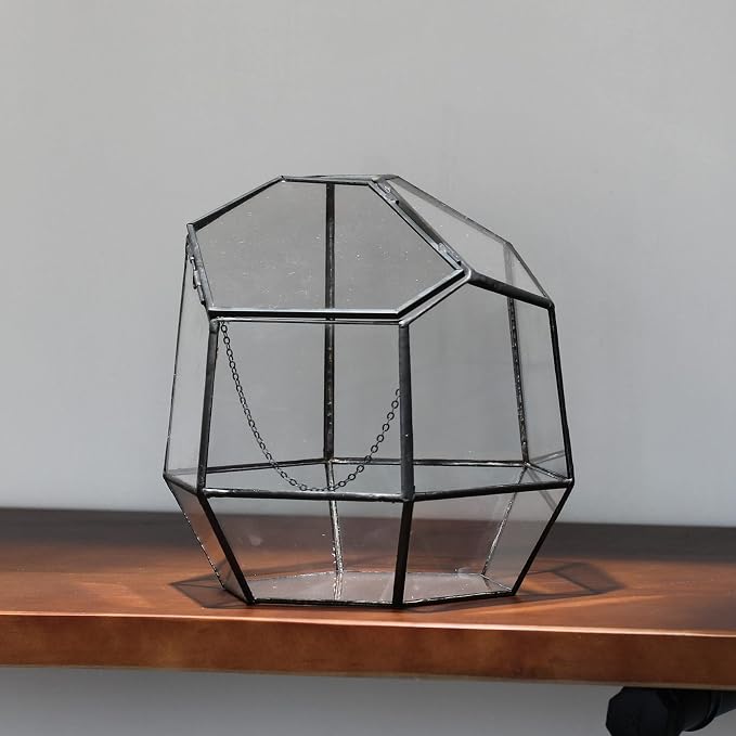 NCYP Handmade 7.5inches Small Close Geometric Terrarium with Door, Black Irregular Glass Planter, Modern Succulent Cacti Flower Pot, Home Garden Decor DIY Gift (Plants and Props NOT Included)