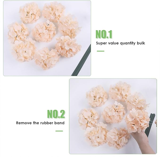AVIVIHO 65pcs Fake Flowers Champagne Hydrangea Artificial Flowers Bulk (Not Squished, No Steaming Need) Silk Flowers with Stems for Wedding Decor,Home,Baby Shower,Table Centerpieces Decoration
