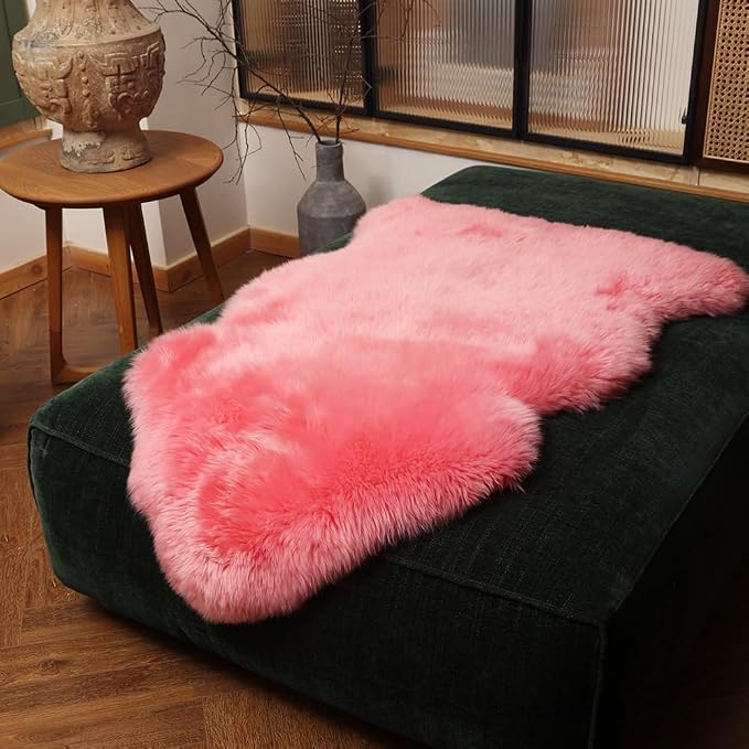 IRIWOOL Premium Genuine Fur Sheepskin Rug Real Australia Sheepskin Natural Luxury Fluffy Lambskin Fur Area Rug Seat Covers for Kids Bedroom Sofa Chair Cover (Pink, Single Pelt/2ft x 3ft)