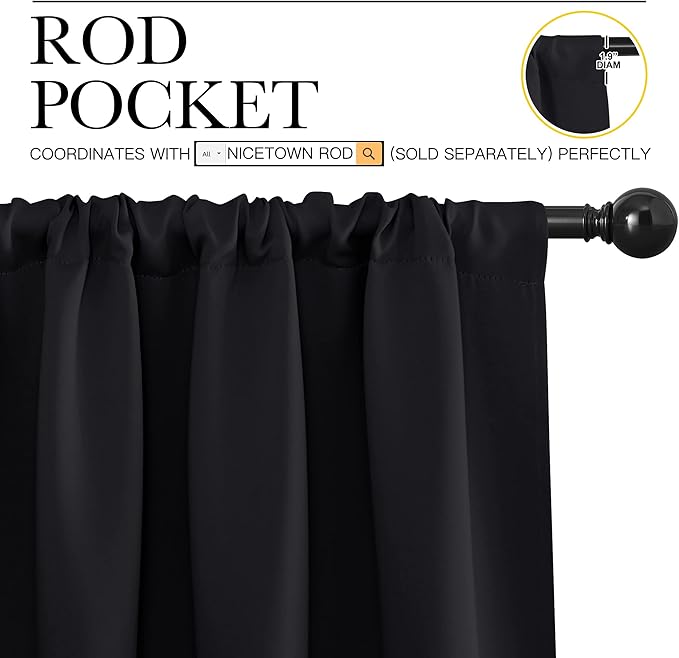 NICETOWN Living Room Blackout Shades - All Season Rod Pocket Thermal Insulated Solid Blackout Curtains/Drapes for Living Room (Set of 2, 42 inches by 72 Inch, Black)
