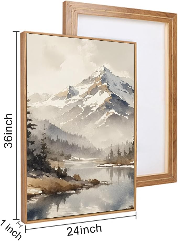 Watercolor Misty Mountain Framed Canvas Wall Art Set, Foggy Pine Tree Wall Decor, Winter Landscape Wall Painting, Nature Snowy Forest Art Print for Living Room, Bedroom, Office -24"X36"X3