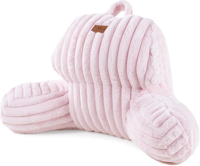 Amélie Home Faux Fur Reading Pillow with Pocket for Sitting in Bed, Kids Backrest Bed Pillow with Washable Cover for Lounging, Watching TV/Gaming/Resting/Post/Surgery/Nursing, Light Pink 17 inches