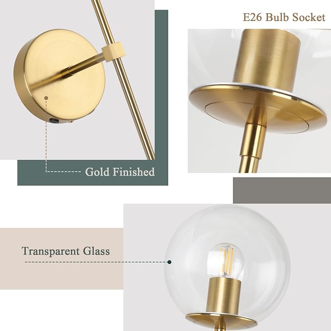 Battery Operated wall Sconce Set of 2 Glass Globe 3000~6000K Rechargeable Wall Light Fixture Wireless Wall Lights with Clear Glass Shade for Living Room, Hallway, Bedroom(2 Pack)