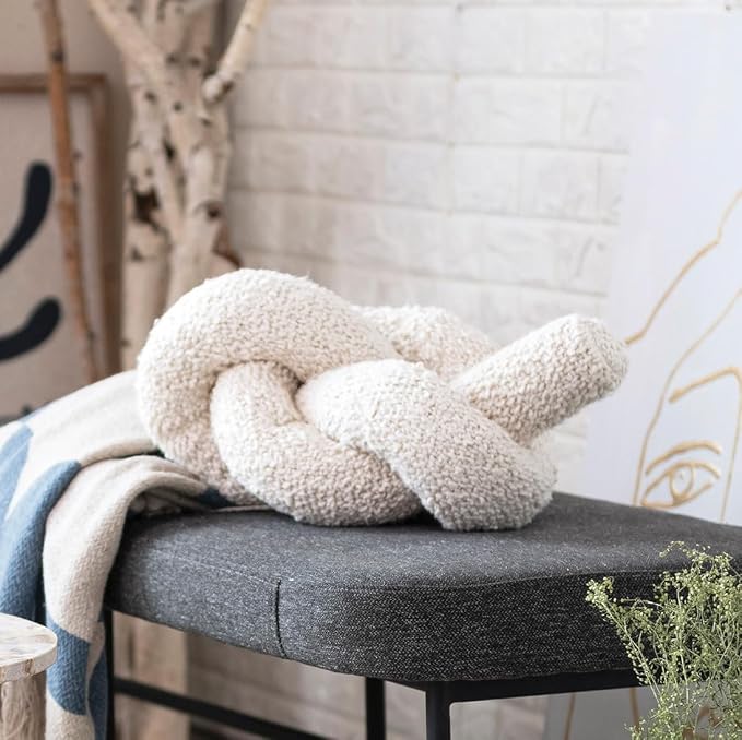 22 Inches Woven Cotton Bouclé Knot Design Pillow, Cream