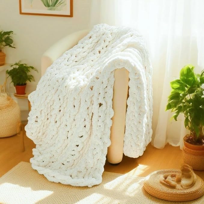 Handmade Chunky Knit Blanket, Cosy Chenille Throw (Cream, Throw (50" x 60"))