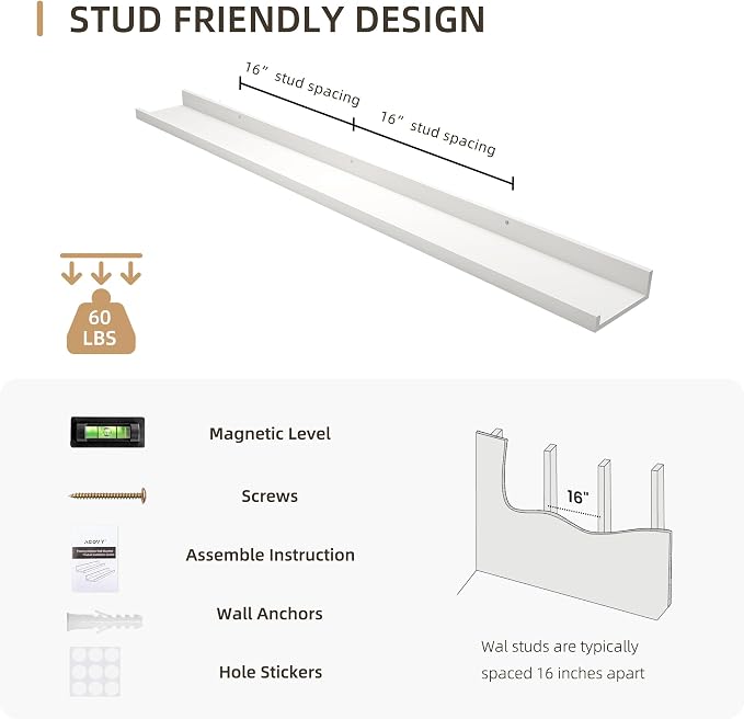 Acovy Picture Ledge Shelf, Wood Floating, Set of 2, 48 inch, White | Wall Mounted, For Living Room Kids' Room Bedroom, Photo Ledge Nursery Book Shelves
