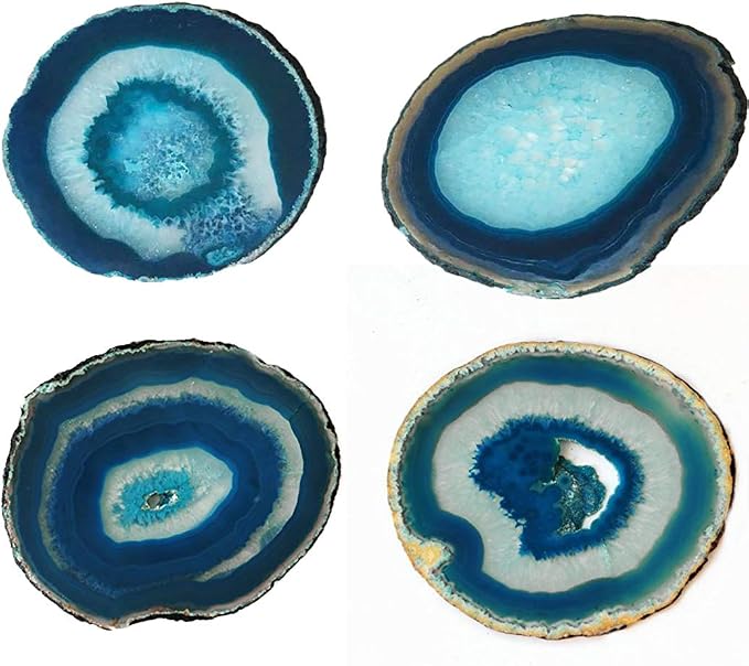 JIC Gem Dyed Teal 3.5-4" Agate Coaster Sliced Natural Agate Coaster for Small Size Cup or Coffee Cup Home Decor with Rubber Bumper Set of 4