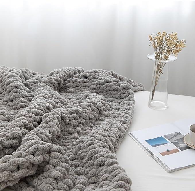 Soft Chunky Knit Throw Blanket for Couch, Cozy Warm Knitted Blankets | Hand Knit with Jumbo Chenille, Lightweight Warm Fluffy Decor for Women, Mom, Her & Girls, Sofa, Chair, Bed, 40"×40" (Gray)