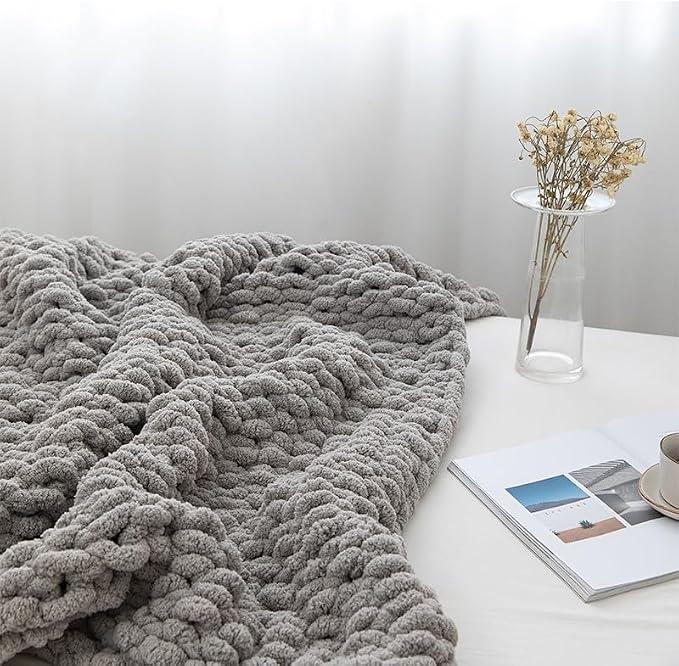 Soft Chunky Knit Throw Blanket for Couch, Cozy Warm Knitted Blankets | Hand Knit with Jumbo Chenille, Lightweight Warm Fluffy Decor for Women, Mom, Her & Girls, Sofa, Chair, Bed, 48"x71" (Gray)