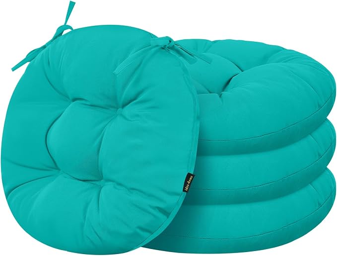 idee-home Outdoor Bistro Chair Cushions Set of 4, Round Seat Cushions | 15”x15”x 4” Thick Outdoor Round Seat Pads Tufted with Ties, Waterproof Patio Furniture Pads for Garden