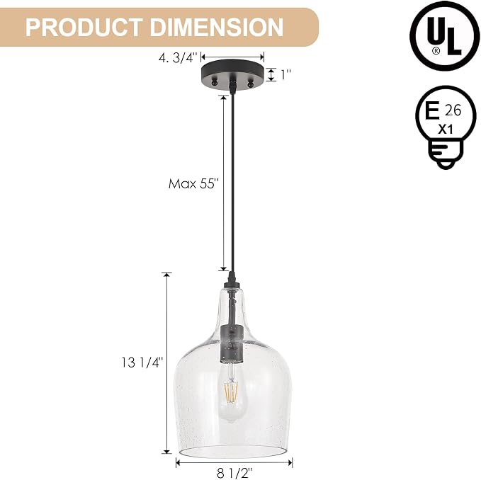 Seeded Glass Pendant Light Modern Black 1 Light Single Dome Pendent Lighting Fixtures for Kitchen Island Dining Room Hallway, Dia 9 Inch, E26, UL Listed