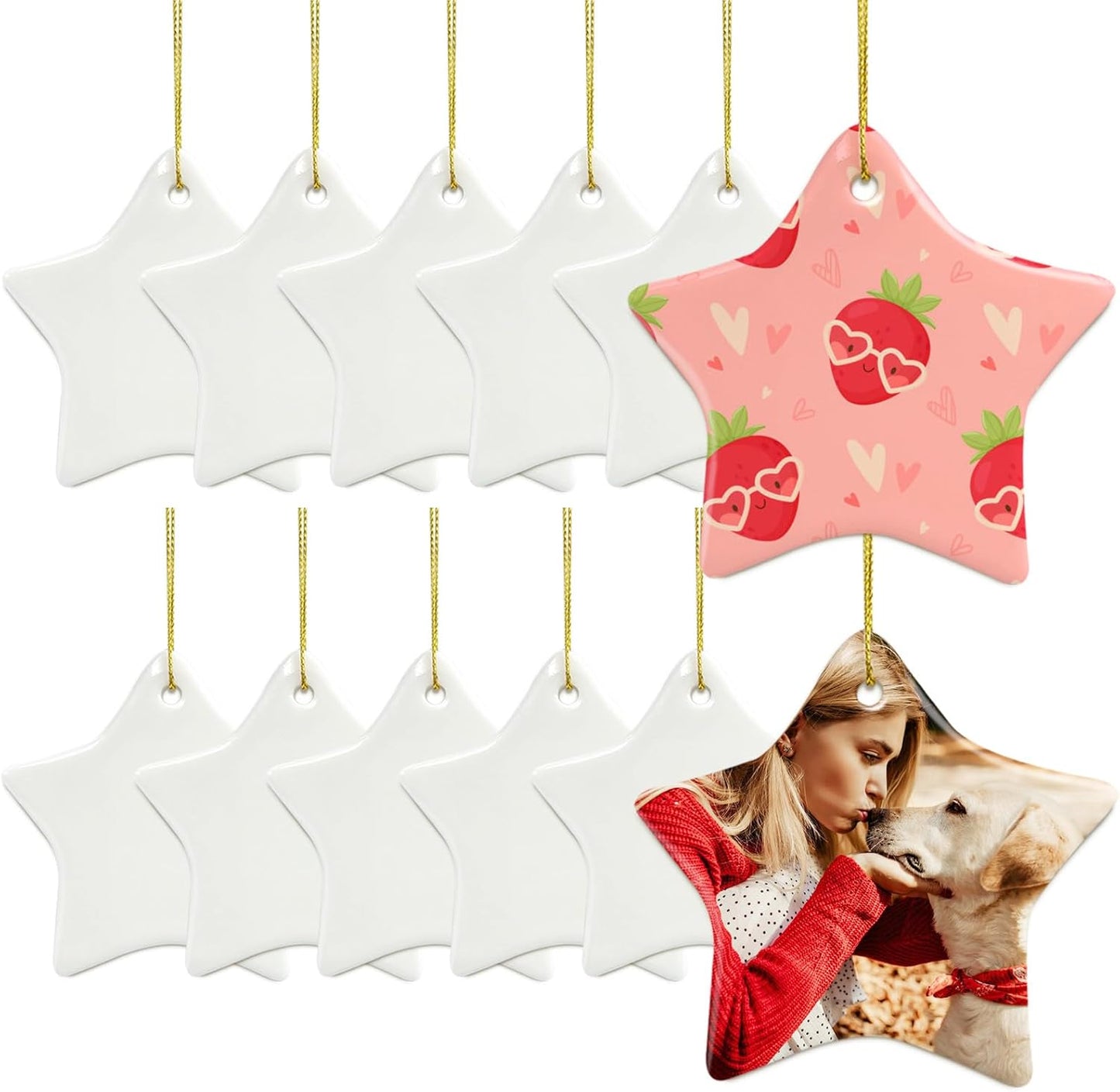 Sublimation Ceramic Ornament Blanks - Bulk White Porcelain Ornament for Heat Press Printing - Personalized Christmas Decoration Supplies (12 Stars)