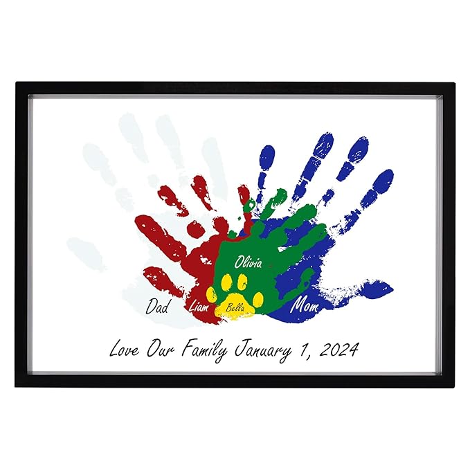 Family Handprint Kit, DIY Art Print Wooden Frame for Family Night, Gifts for New Parents, Adoption Gifts, 5 Non-Toxic Paints (Black)